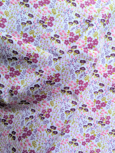 Pink And Purple Poly Cotton Floral Fabric, Floral Fabric, Small Print Fabric